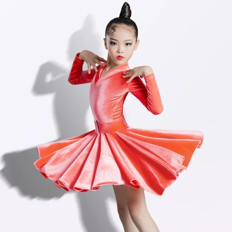 Children Latin Dance Dress Training Clothes Grey Autumn Winter Korean Velvet Long Sleeve Girls Competition Clothes