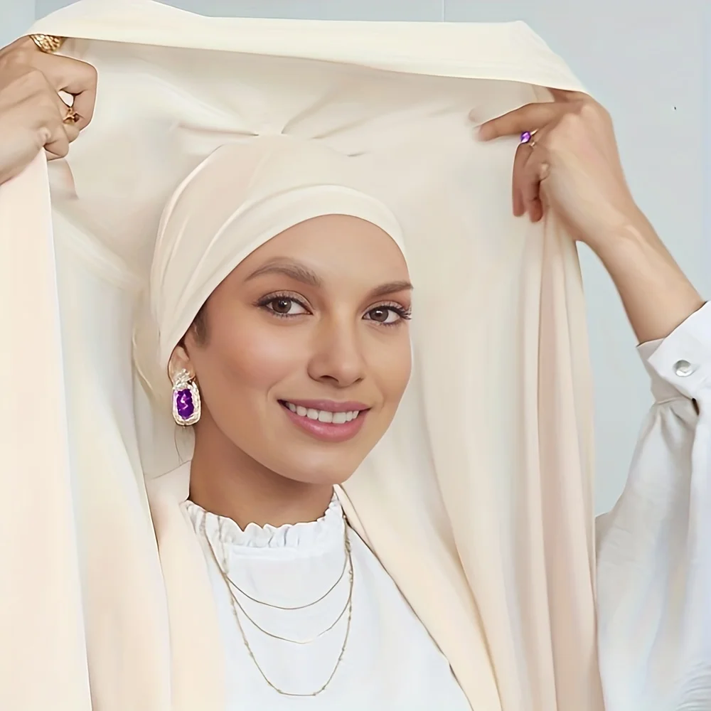 Hijab istantaneo in chiffon tinta unita con allacciatura sul retro sotto il cappuccio Elegante protezione solare sottile e traspirante