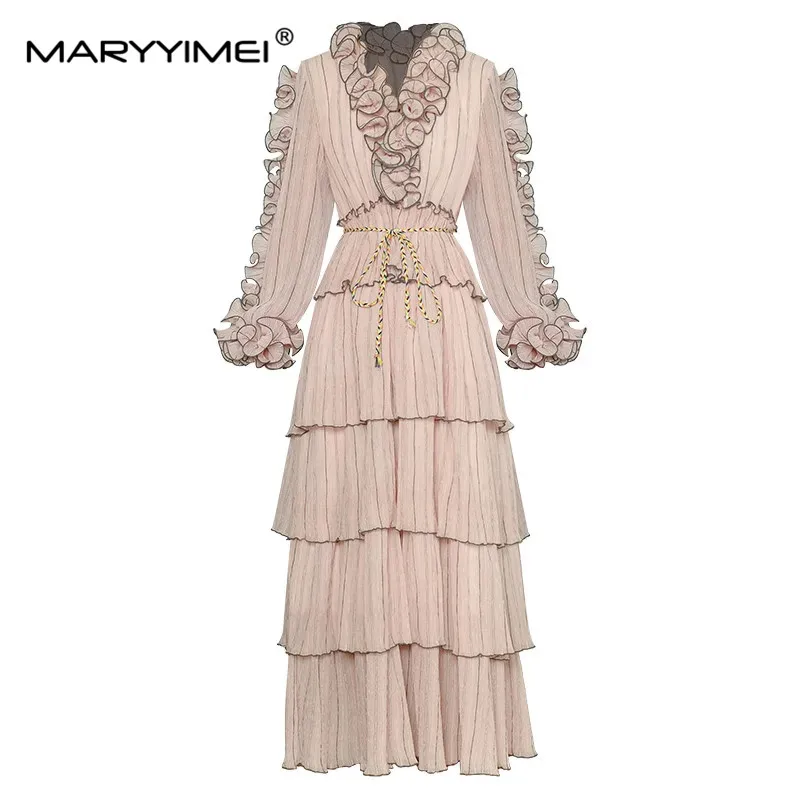 

MARYYIMEI Fashion Runway dress Winter Spring Women Dress Lantern Sleeve Striped Printed Pink Holiday Party Cake Dresses