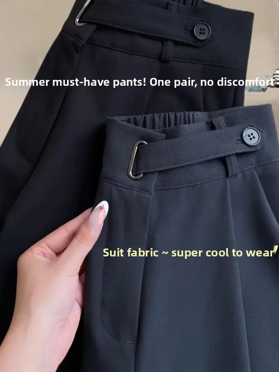Black Casual Straight Leg Suit Pants for Women High Waist Hip Concealing Pear Shape plus Size Loose Wide Leg Trousers
