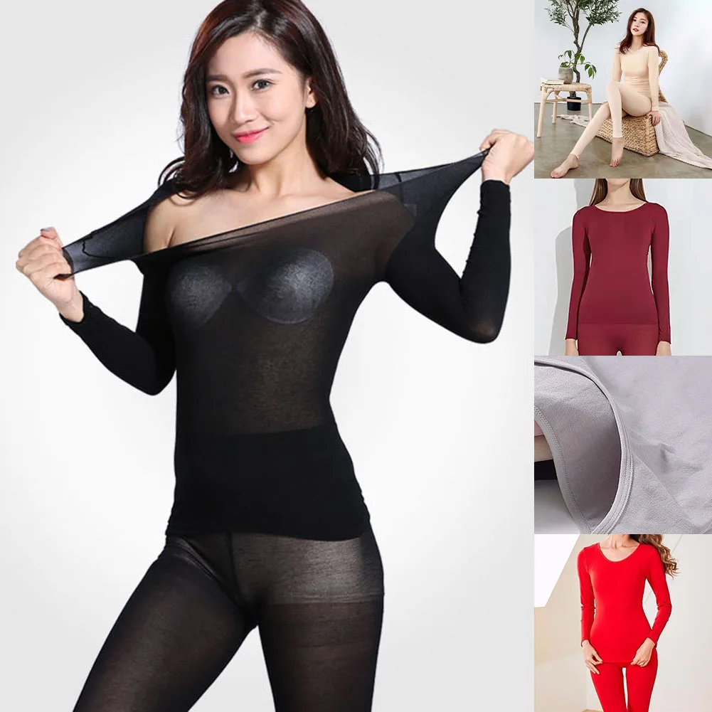 

Thermal Underwear Invisible Bottoming Lady Ultra-Thin Quick Dry Tight Long Sleeve Pant Set Attractive Solid Soft Women Underwear