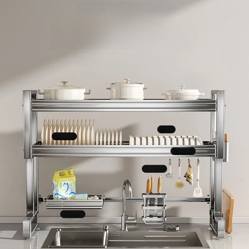 Kitchen Sink Storage Rack Multi-Function Bowl Dish Draining Shelf 304 Stainless Steel Dishwasher Safe Countertop Organizer