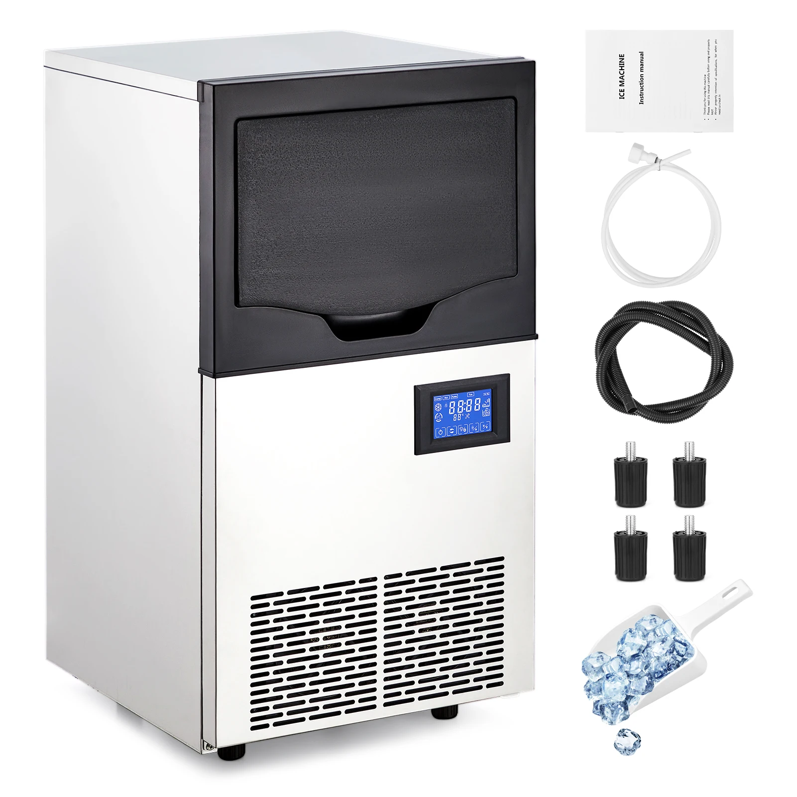 Commercial Ice Maker Machine,Freestanding/Under Counter Stainless Steel Ice Machine,90Lbs/24 Hour with 30Lbs Ice Storage Capacit