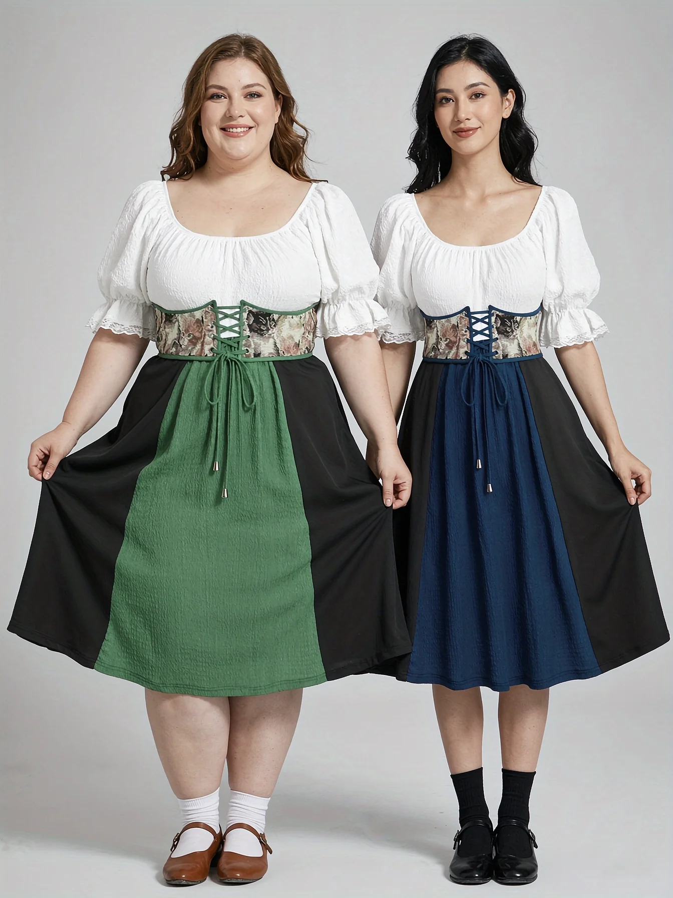 Plus Size Medieval Renaissance Dress Women Lace-up Corset Grommets Ruffles Lace Trim Dress Victorian Halloween Cosplay Costume