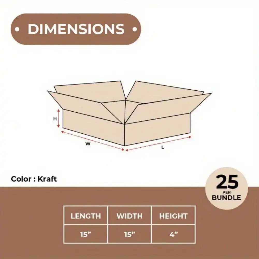 Плоские гофрированные коробки 15 x 15 x 4 дюйма, коричневые коробки для доставки/переездных коробок ECT-32, 25 шт./пучок