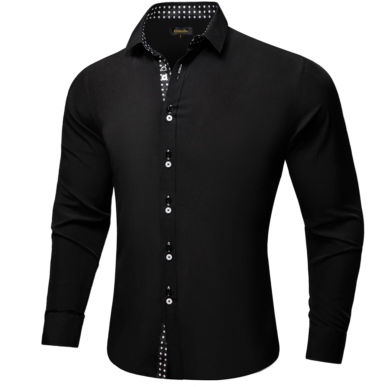Designer Men's Solid Black Shirt Long Sleeve Business Casual Social Dress Shirts Blouse with White Dot Contrasting Cuff Collar