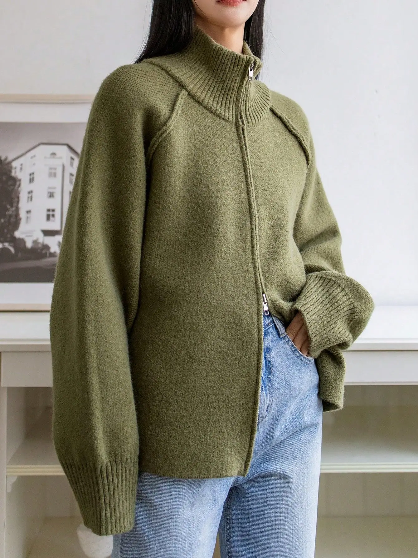 

Lazy Style Sweater For Women's 2025 Autumn Winter New Korean Solid Stand Collar Zipper Knitted Cardigan Top Long Sleeve Jacket