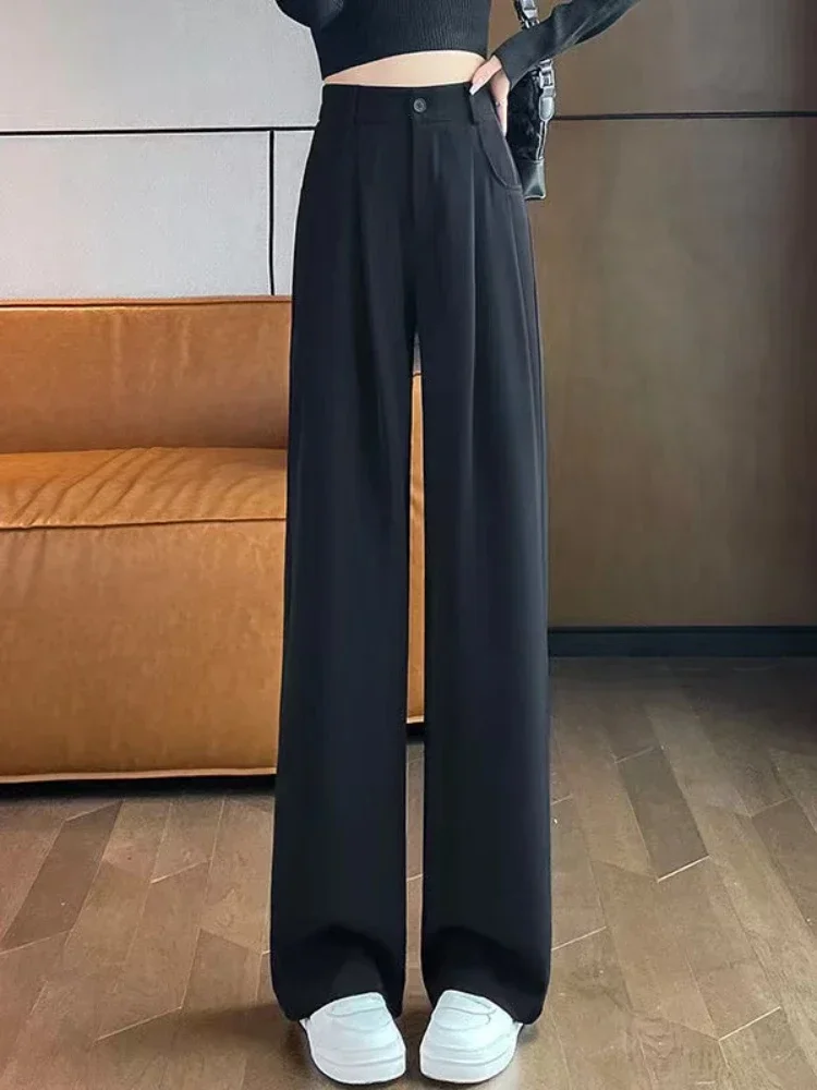 Pantaloni larghi elastici a vita alta Chic donna primavera estate pantaloni eleganti da ufficio pantaloni Streetwear dritti a figura intera da donna