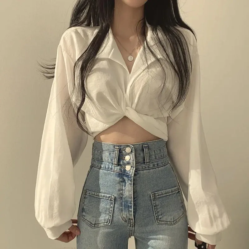 

MEXZT Sexy V Neck Women Shirt Vintage Harajuku Crop Top Korean Solid Long Sleeve Female Commuter Blouses Fashion All Match