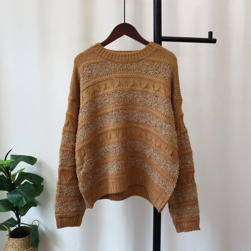 Knitted Striped Sweater Women Long Sleeve O Neck Pullovers Spliced Jumpers Autumn Casual Loose Fit Sweaters Slight Strech