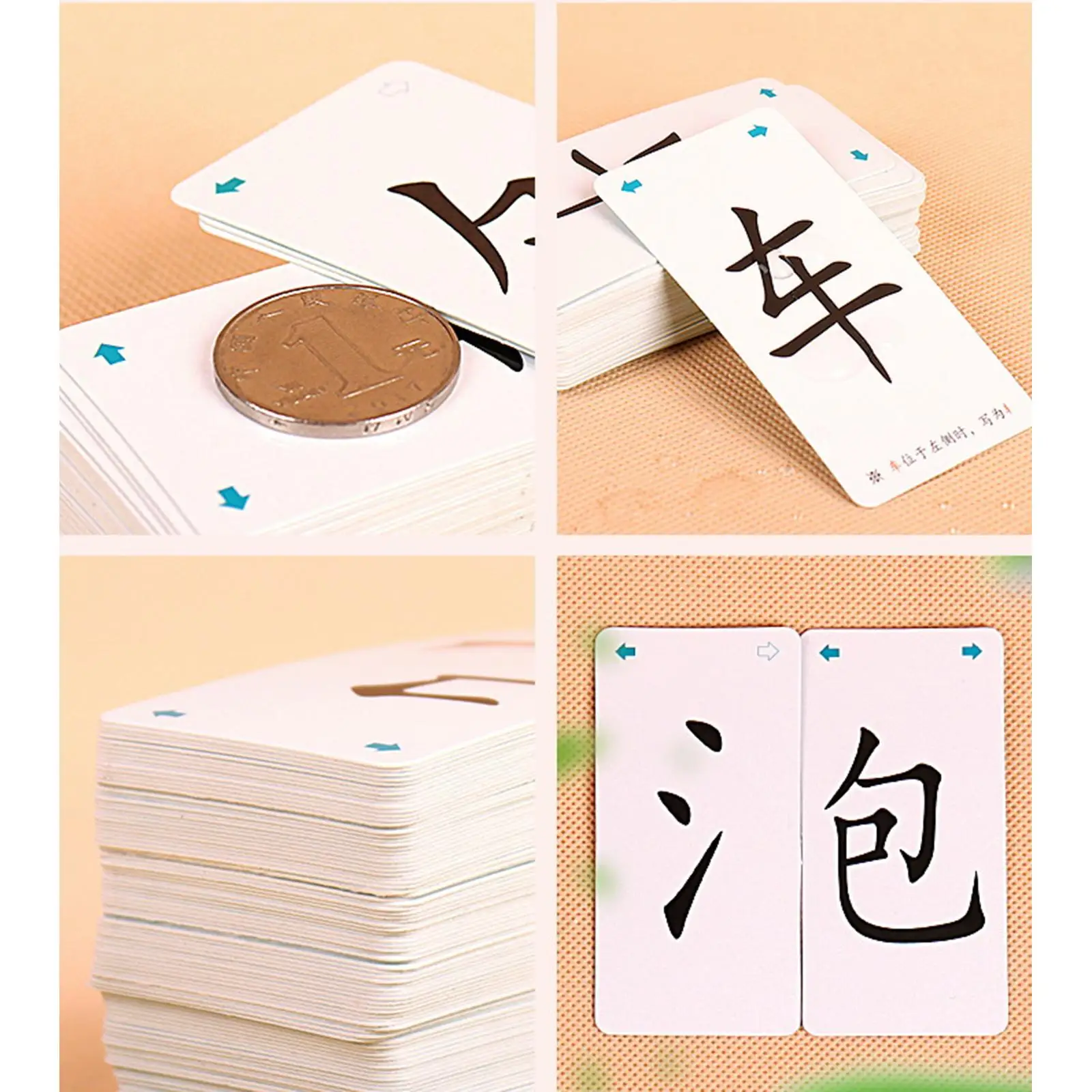 Tarjetas de aprendizaje de caracteres chinos y palabras comunes para niños, con pinyin mandarín, y caja para guardarlas.