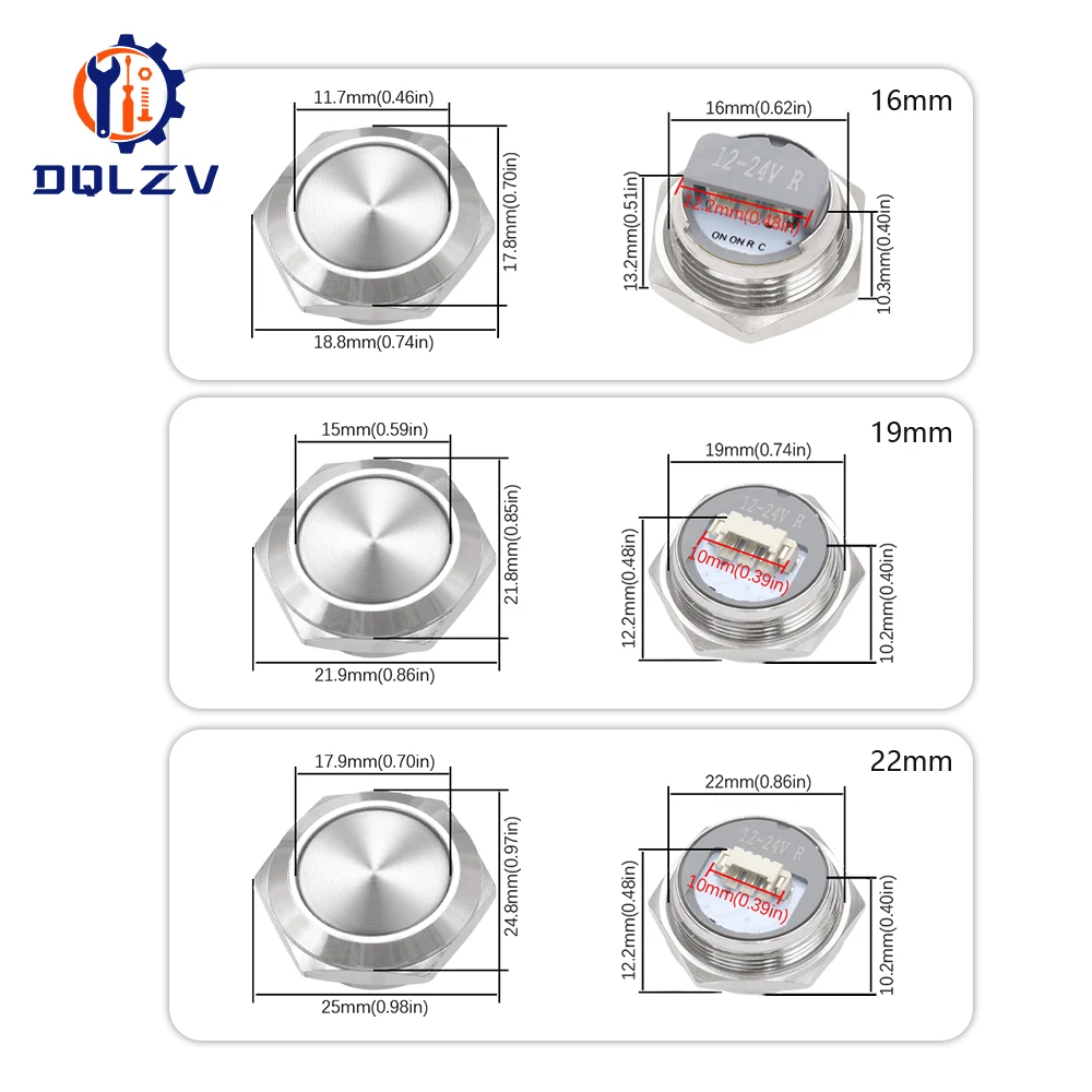 16/19/22mm With wires Short Stroke Waterproof Metal Push Button Switch 1NO Momentary Self Reset Led Light 12-24V