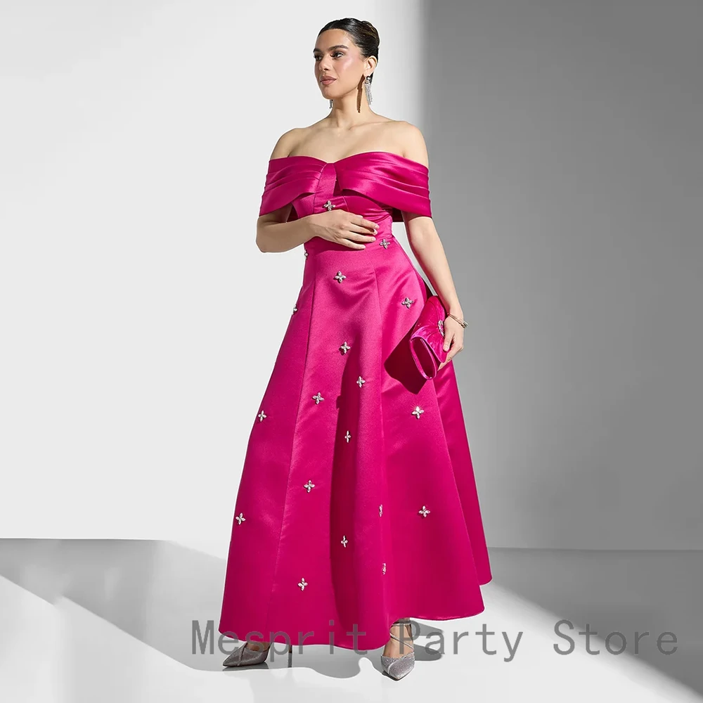 Elegancka satynowa suknia wieczorowa w kształcie litery A, długość do kostek, suknia balowa, odkryte ramiona, formalna suknia na przyjęcie, bez rękawów, zdobiona koralikami, suknia w stylu saudyjskim.