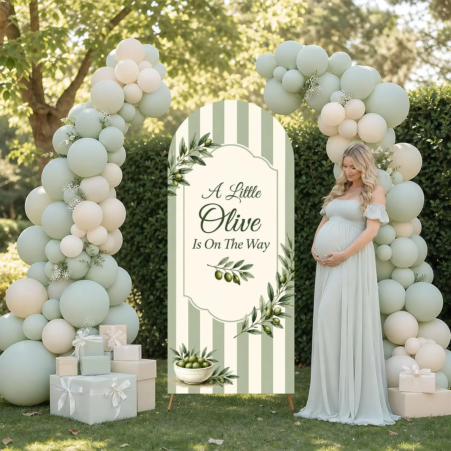 Olive Baby Shower Decor Arch Backdrop Cover Sage Green a Little Olive is on the Way Background for Gender Neutral Party Supplies