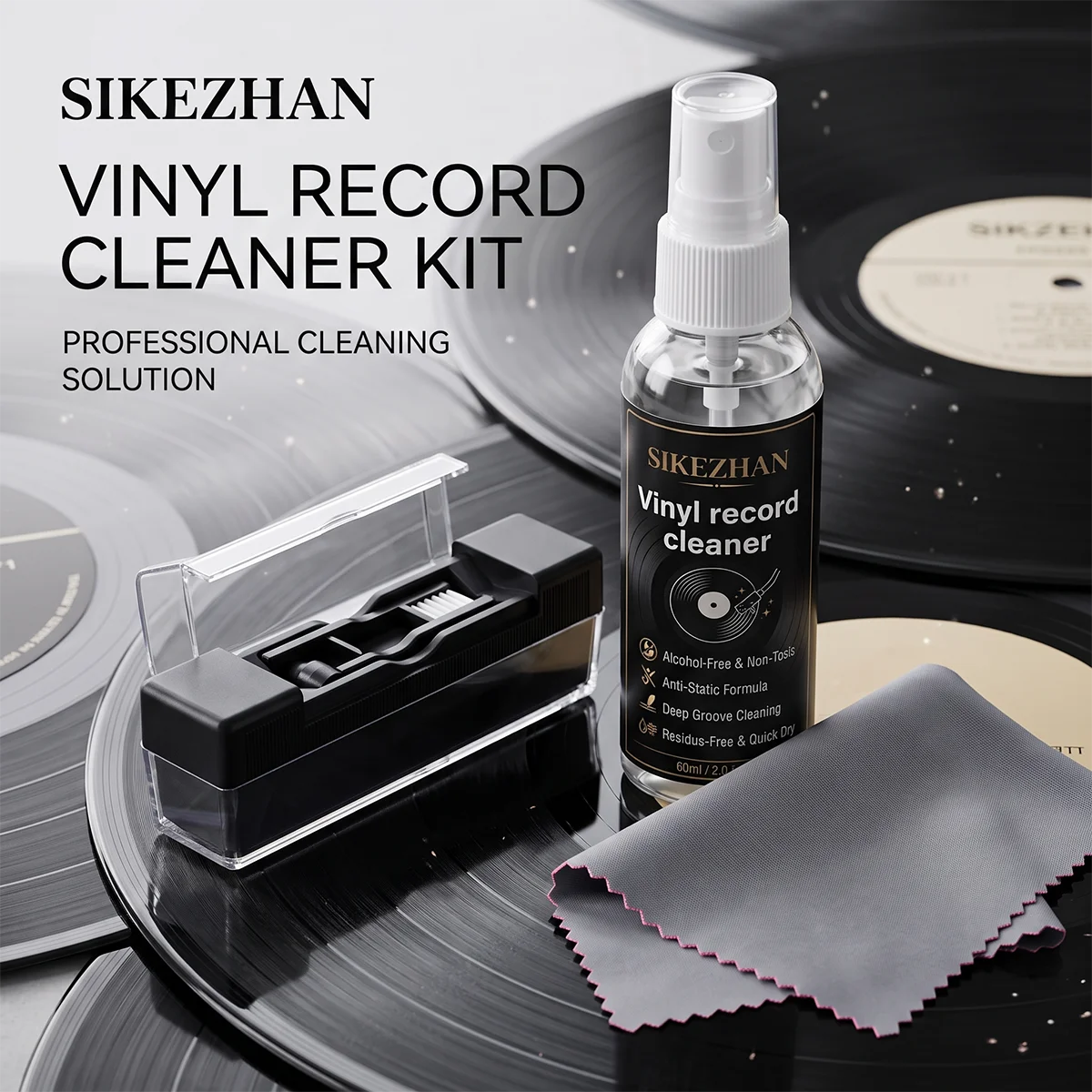 SIKEZHAN Anti-Static Vinyl Record Cleaner Kit, Safe Alcohol-Free Spray & Premium Velvet Brush for Turntable LP Audiophile Care