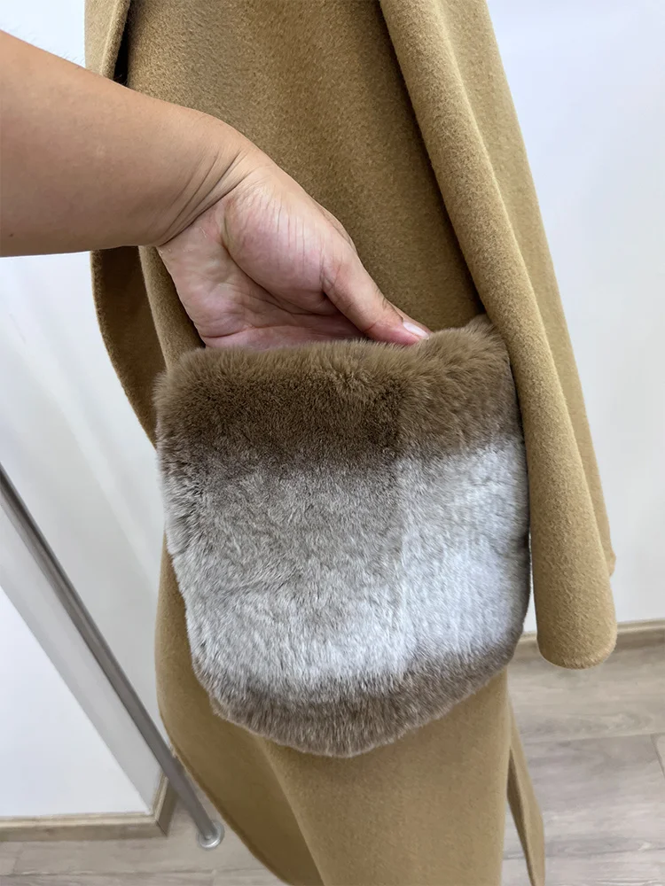 2025 New Winter Cashmere Wool Jacket Woolen Real Natural Fox Fur Pocket Coat Ladies Outwear Female Coat Women Luxury Jacket