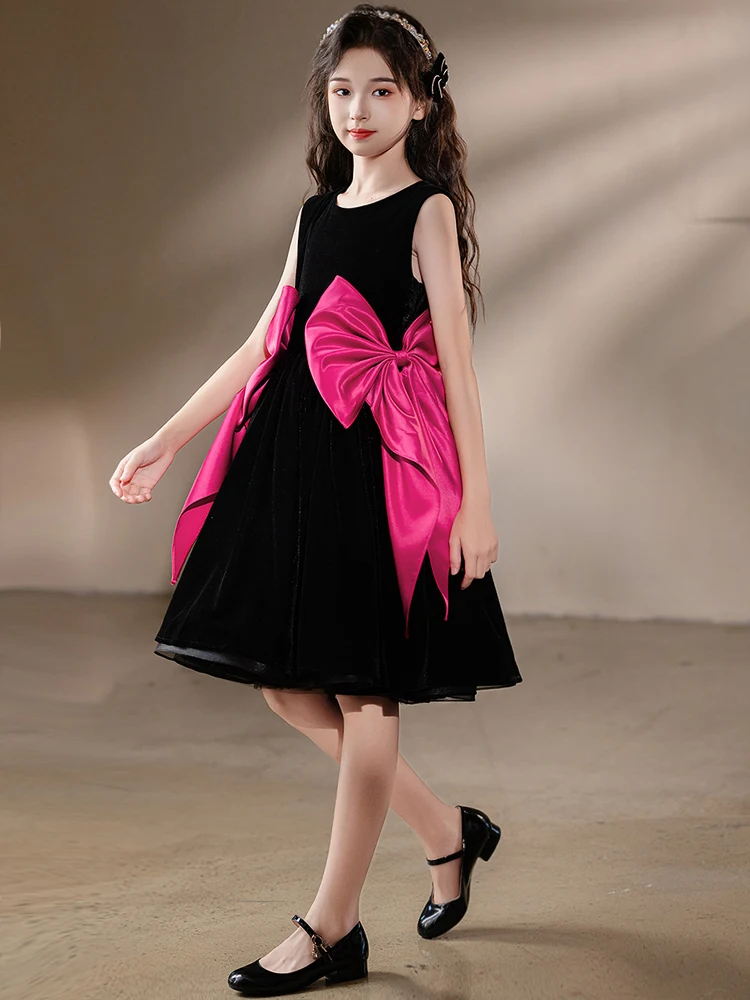 Robe de princesse noire pour filles, longueur genou, anniversaire, performance