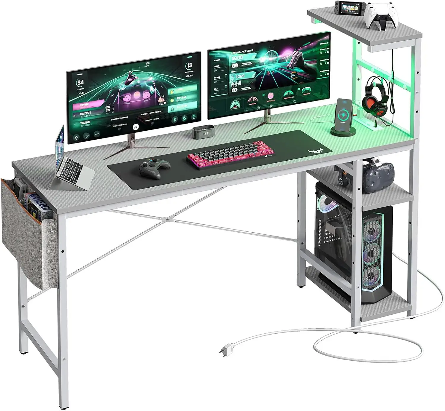 Bestier Gaming Desk with Power Outlets, 61 Inch Large Led Gamer Desk with 4 Tiers Reversible Shelves, PC Gaming Table