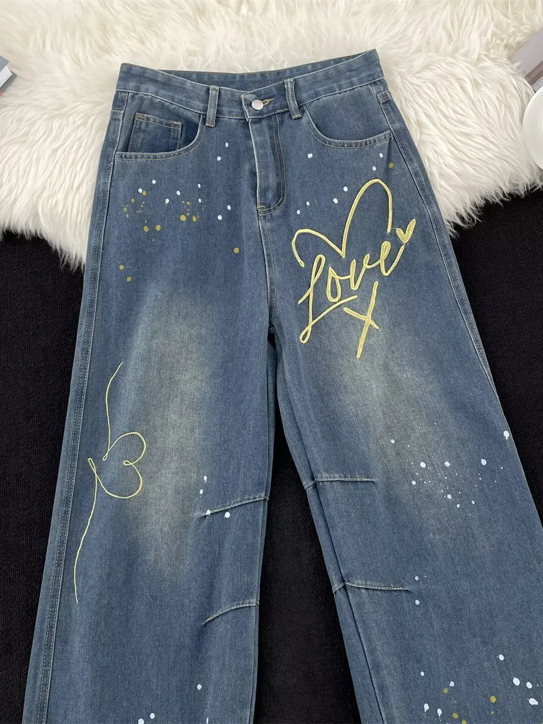 Calças Jeans de Cintura Alta com Perna Reta para Homens e Mulheres, Novo Estilo Primavera-Outono, Calças Bordadas até o Chão,...