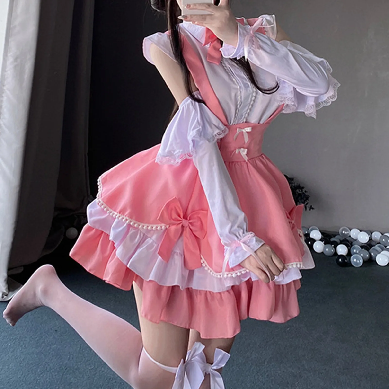 Women's Cute Lolita Dress Casual Costume Dresses Ball Gown Off Shoulder Long Sleeves Vintage Girls Bowknot Anime Kawaii Dresses