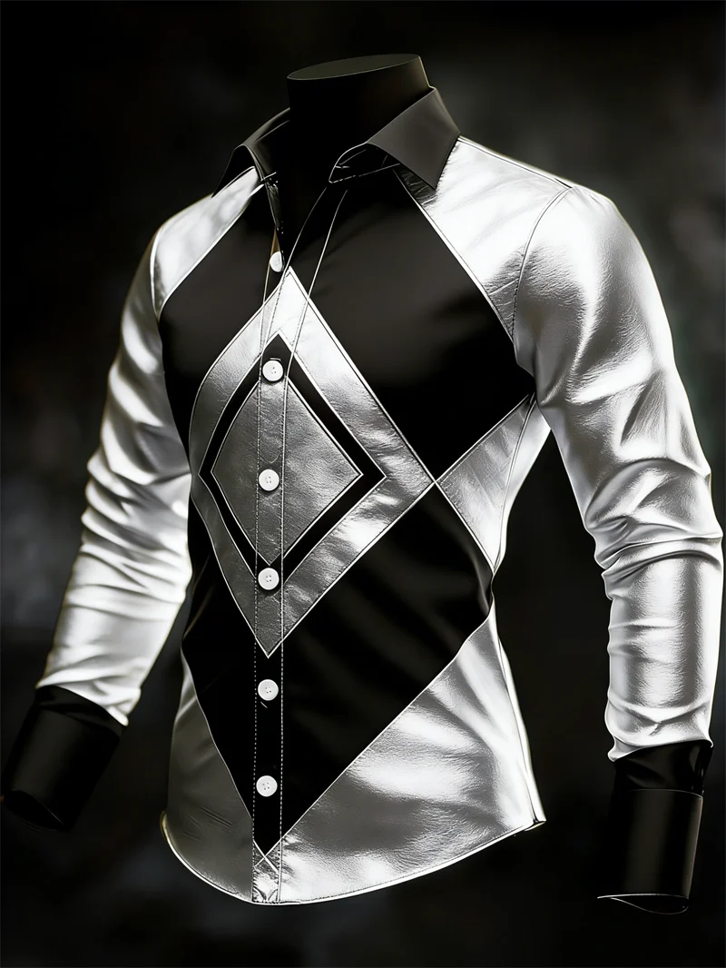 New 11 color men's long sleeved lapel shirt fashionable 3D printed color block pattern luxurious long sleeved shirt