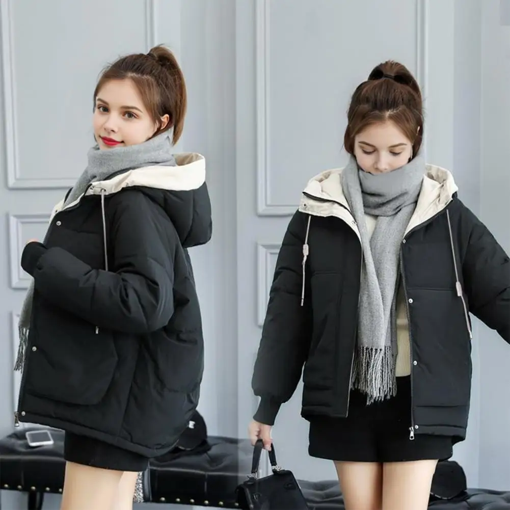 Winter Women Hooded Parkas Drawstring Long Sleeve Cotton Padded Coat Solid Color Zipper Placket Quilted Outwear With Big Pockets