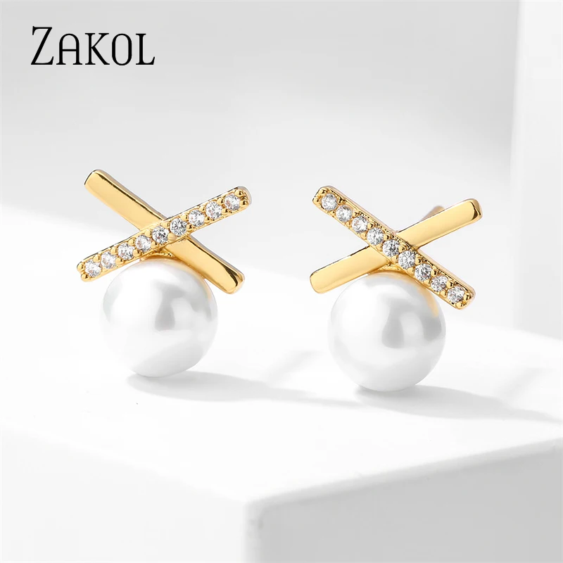 ZAKOL Sense Korean Small Cross Shaped Pearl Stud Earrings for Woman Fashion Gold Color Ziron Girl's Unusual Party Daily Jewelry