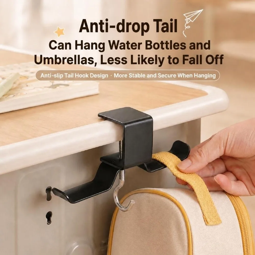 1Pc Durable Adjustable Desk Side Bag Hook No Drill Heavy Duty Desk Side Hanger Dual Hook School Bag Hook Classroom