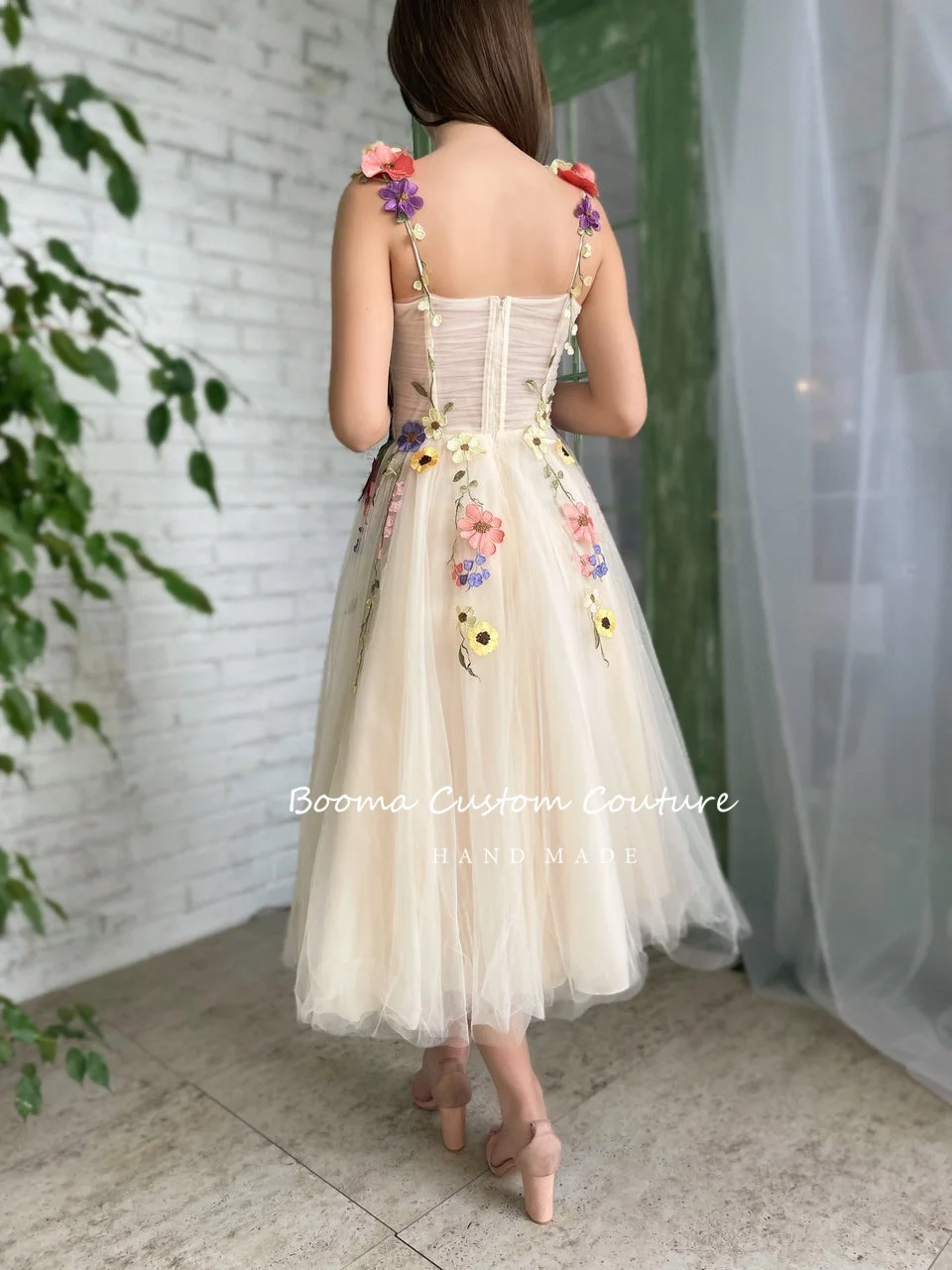 Booma-Bege Floral Tulle Midi Prom Dresses, Sweetheart Appliques, vestidos de casamento A, vestidos de noite elegantes para mulheres