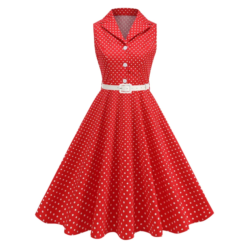 

1950-е годы во французском академическом стиле ретро ностальгическое элегантное милое платье без воротника в горошек модное темпераментное летнее платье без рукавов