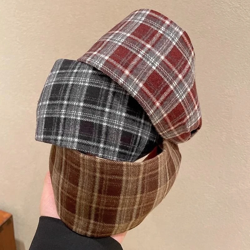 Vintage kariertes Stirnband, breites, rutschfestes Haarband für Frauen, Herbst und Winter, verdickte Haarreifen, Haarschmuck für Mädchen, Kopfband – Detail 9
