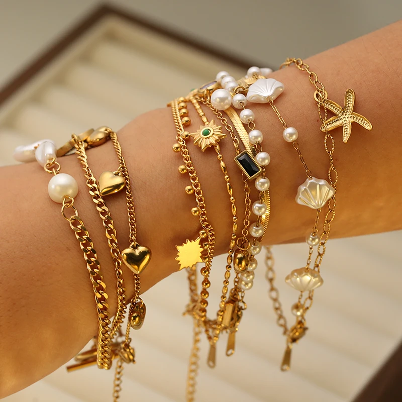 GANPUP 316L Edelstahl Zarte Perle Seestern Charms Armband Für Frauen 2025, Textur Wasserdicht Handgelenk Kette Schmuck Geschenk – Detail 5