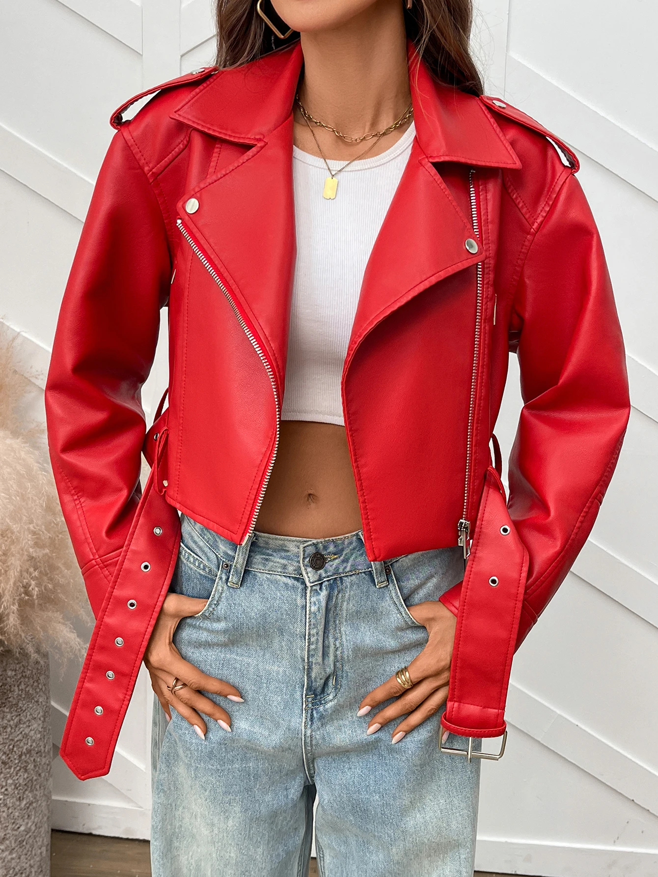 

Fitaylor Women Faux Leather Jacket Lady Lapel Motorcycle Leather Outwear Casual Red Coat