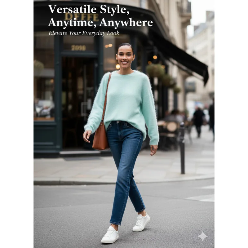 

Autumn Winter Women's Fluffy Knit Sweater With O Neck And Long Sleeves Soft Relaxed Fit Design For Daily Casual Warm Wear Looks