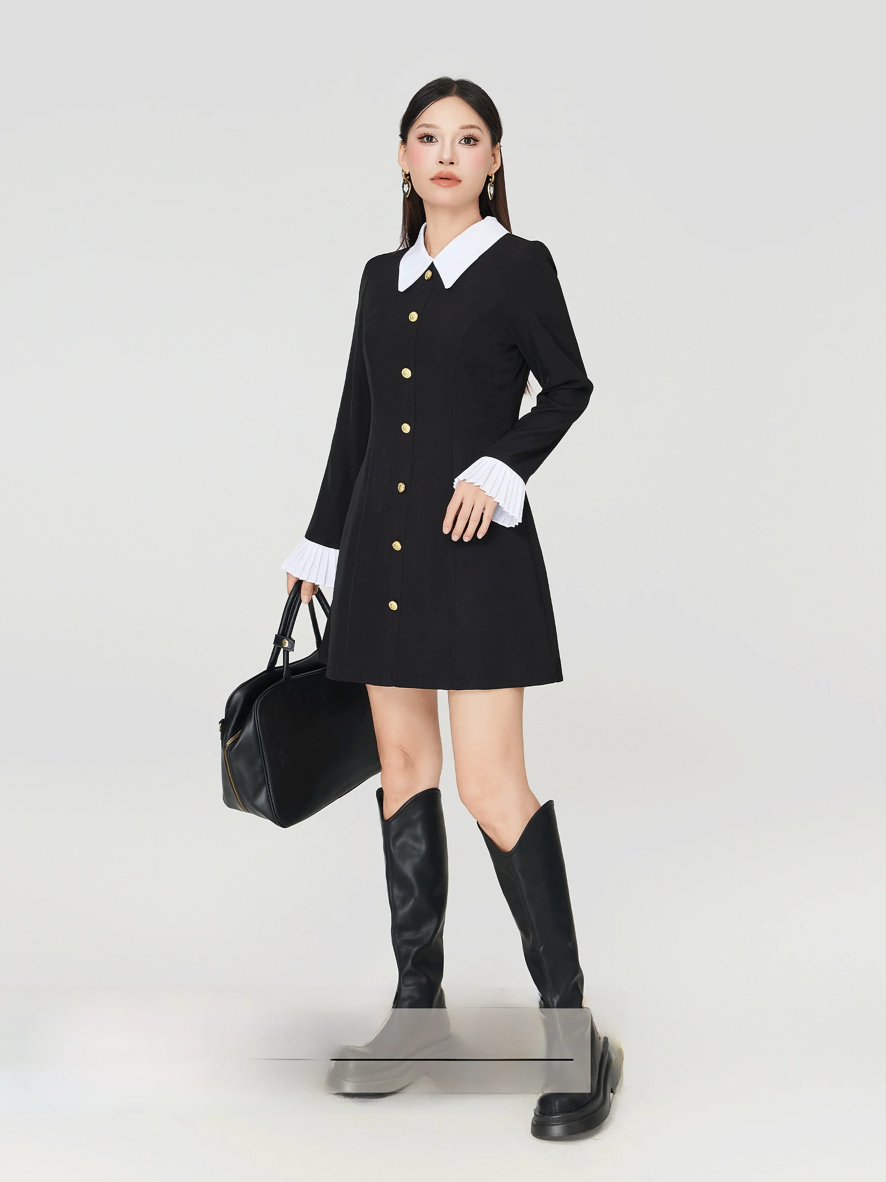 

Элегантный черный костюм с длинным рукавом для женщин: весенняя мода, большие размеры, в стиле Хепберн, с завышенной талией, корейская версия, для офиса.