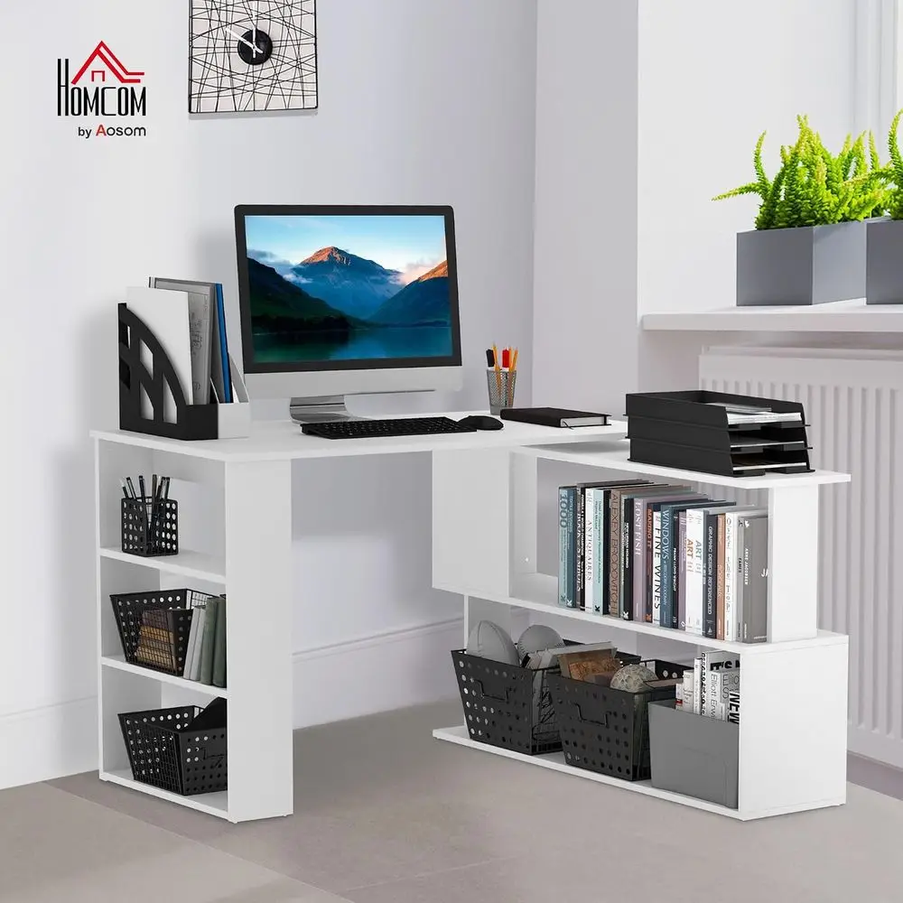 White 47 Inch L-Shaped Desk with 360° Rotation, Storage Shelves, and Writing Workstation for Home Office
