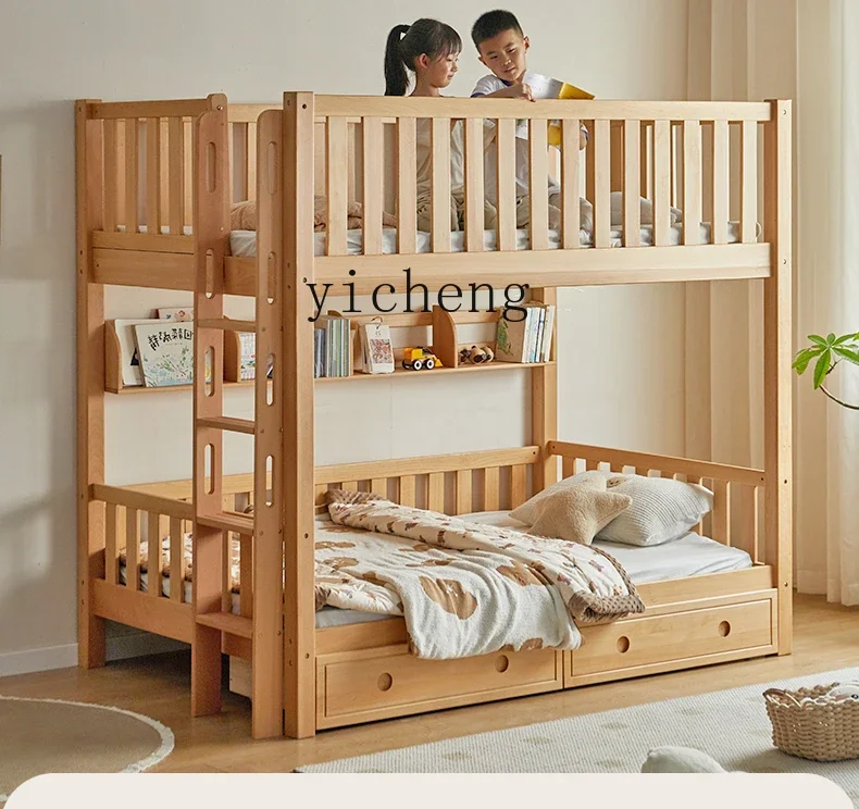 

Double-Layer Solid Wood Height-Adjustable Bed up and down Raised Guardrail Children's Beech Bed