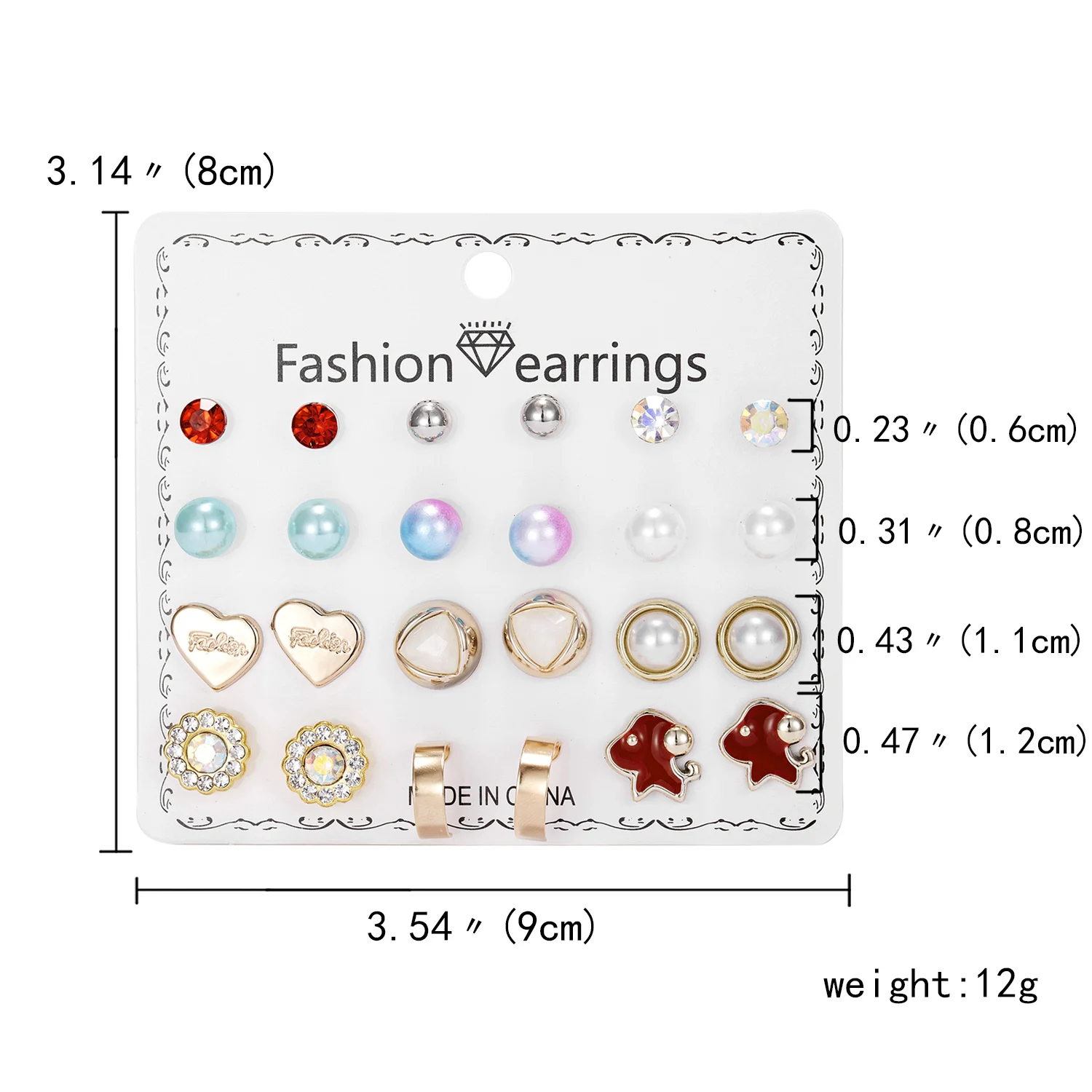 12 Pairs Combination Stud Earrings Set for Women Shiny Zircon Love Heart Flower Pearl Earring Girls Party Christmas Jewelry Gift