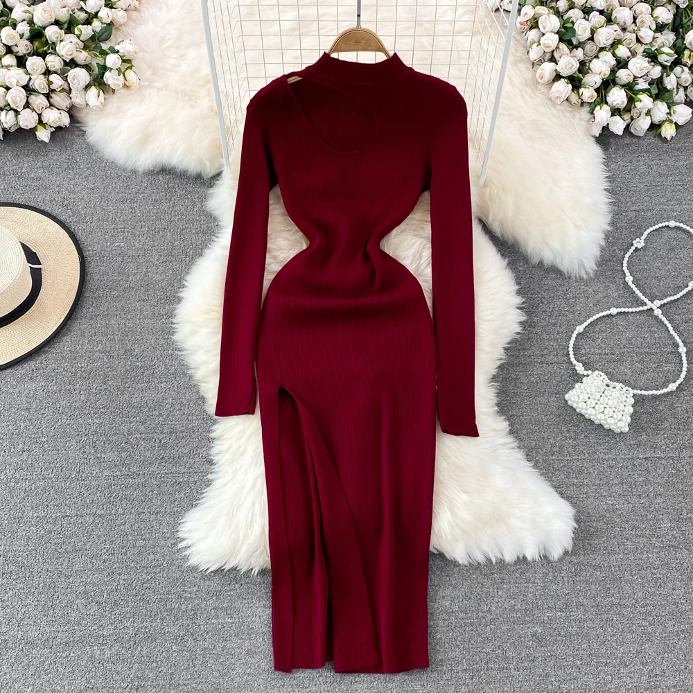 Women Chic Elegant Hollow Out Long Sleeve Split Bodycon Dress Sexy Fashion Knit Vestidos Elastic Slim Hip Wrap Sweater Dress