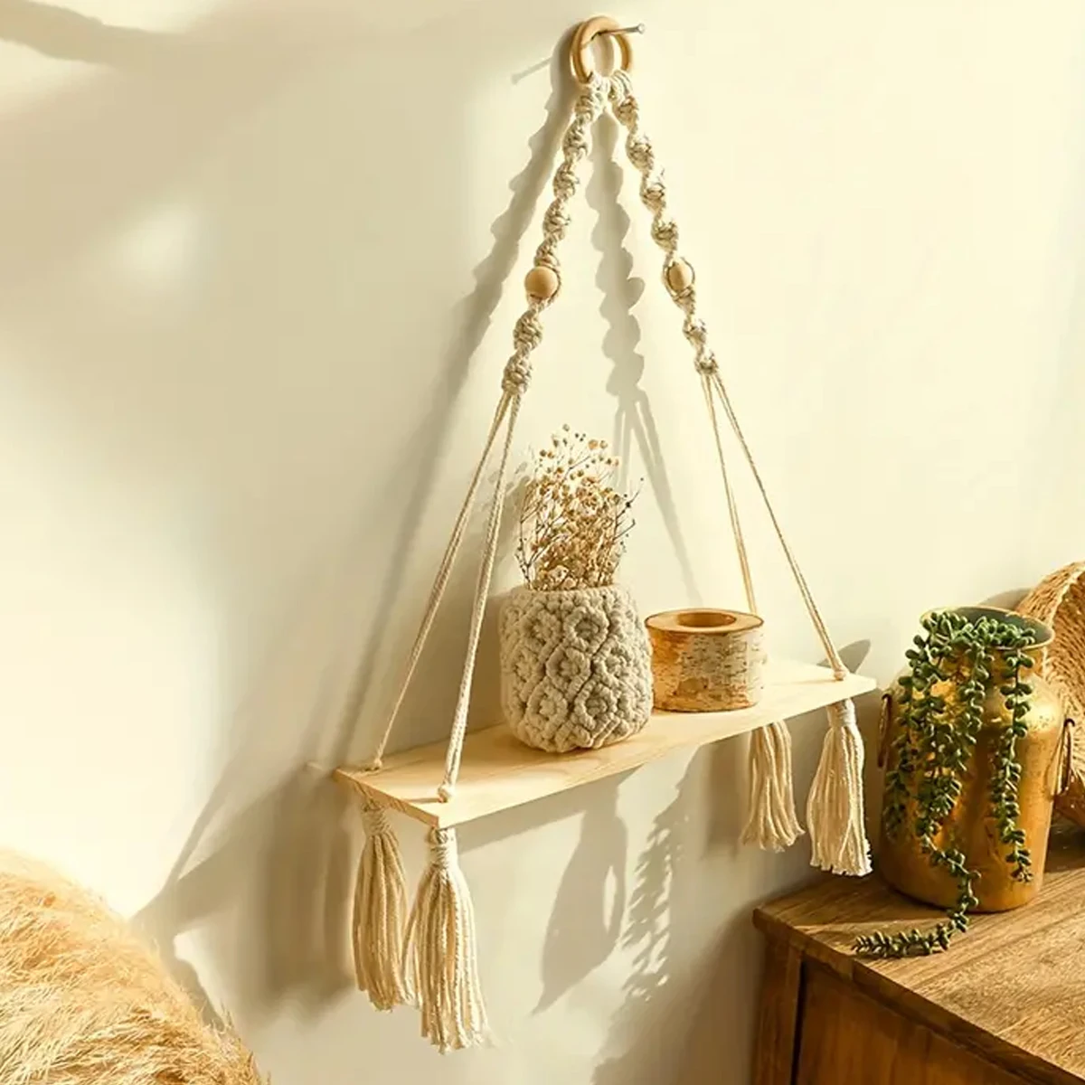 Macrame Hanging Shelf Boho Wall Decor Bedroom 1 PC Rustic Wood Floating Shelves for Room Nursery Bathroom Living Room College