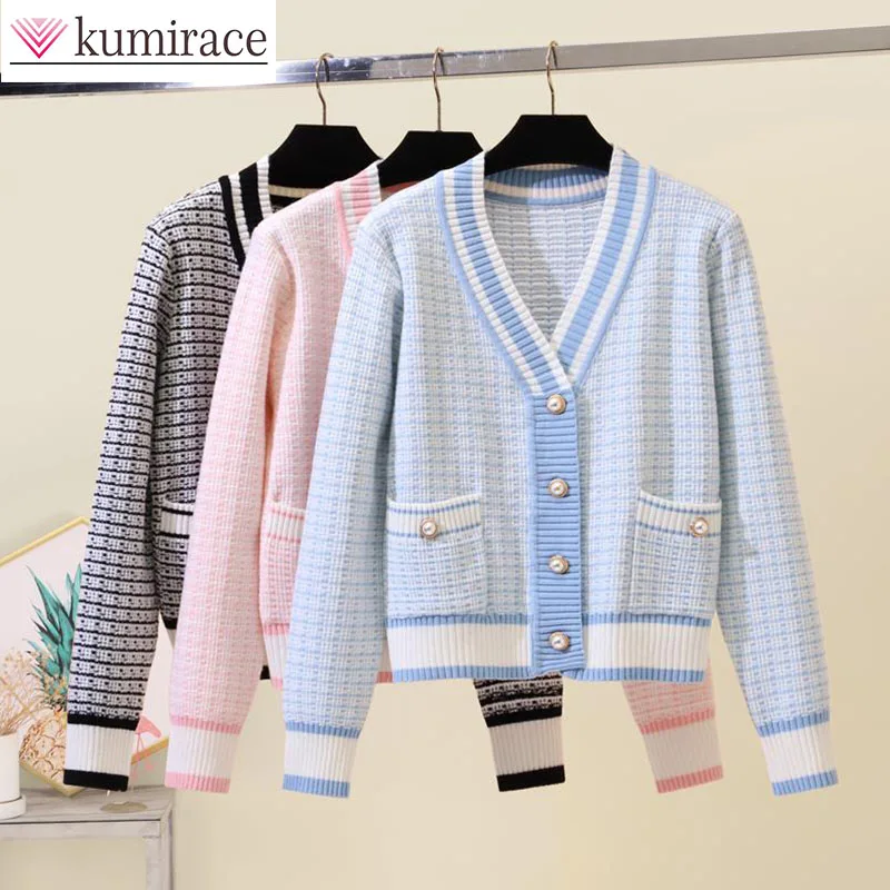 Short Sweater Small Jacket for Women 2024 Autumn and Winter New Blue Knitted Cardigan for Women V-neck Small Checkered Loose Top