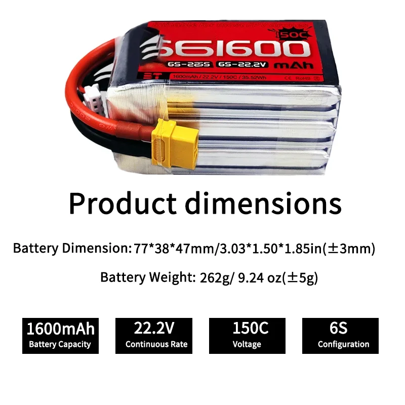 FPV Lipo Battery 1600mAh 6S 22.2V 150C for Shadow Series Racing Drone