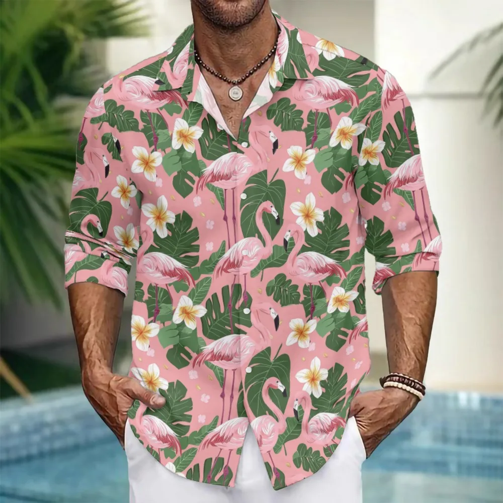 

Гавайские рубашки на пуговицах, тропические розовые фламинго с принтом, уличная одежда с длинными рукавами, повседневная мужская рубашка с карманами для летнего отдыха, пляжной вечеринки