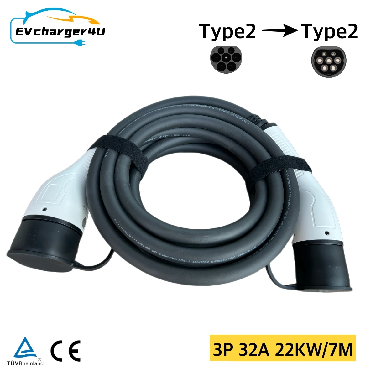 EVcharger4U Type2 to Type 2 EV Charging Cable 7M 3Phase 32A 22KW IEC62196 Extension Charger Cables for EVSE Station