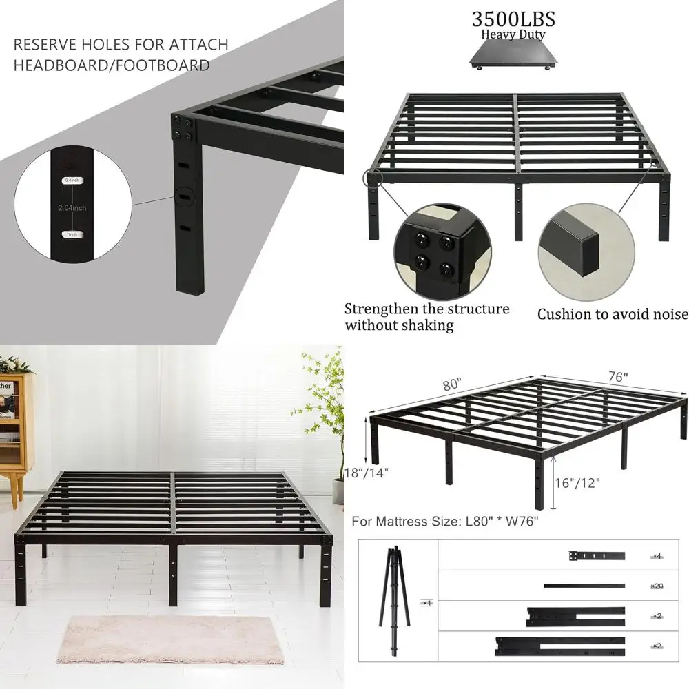 14 High Heavy Duty Metal Platform Bed with Storage, 3500lbs Capacity, No Box Spring Needed, Black