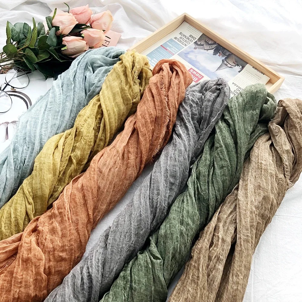 New Solid Color Cotton and Linen Scarf Women's Autumn and Winter Foreign Trade Men's Natural Wrinkled Women's Shawl