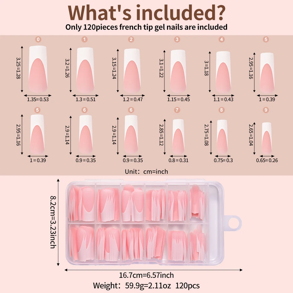 120 Piezas/Caja Uñas Postizas Mate Rosa Nude Francesas 12 Tallas Cuadradas Extra Largas Cobertura Completa Gel Suave para Extensión 6