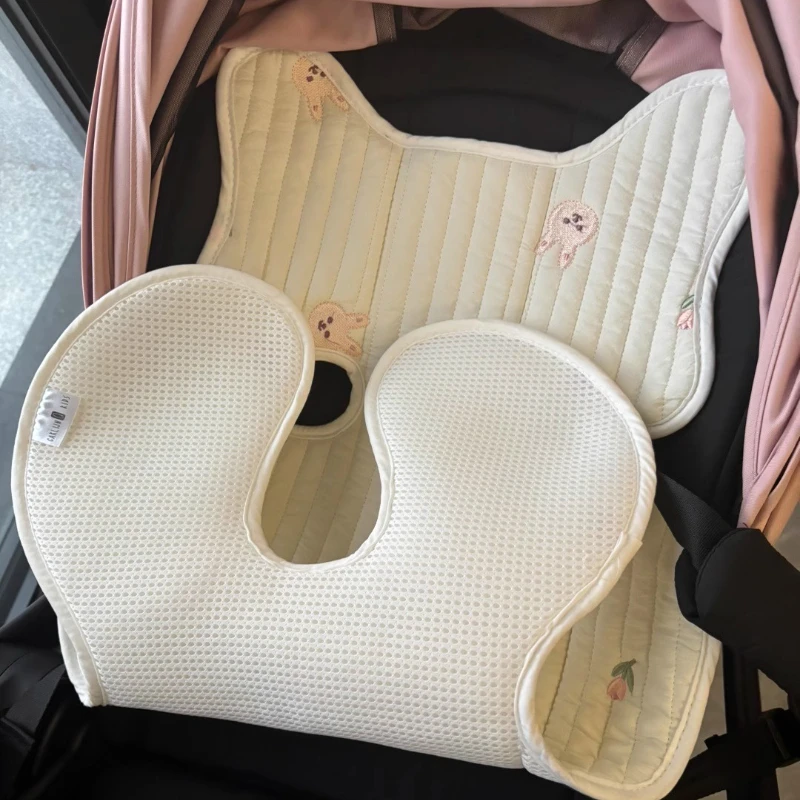 Korean Breathable Stroller Pad for Infant Baby Cute Cartoon Cotton Machine Washable 4-Season Embroidered Seat for Baby Carriage