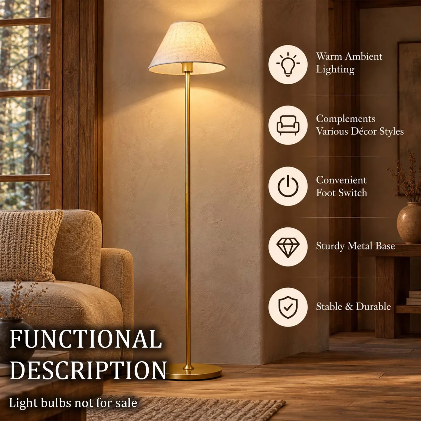 Gold Floor Lamp with Khaki Cone Fabric Shade and Foot Switch for Cozy Natural Living Room Decor