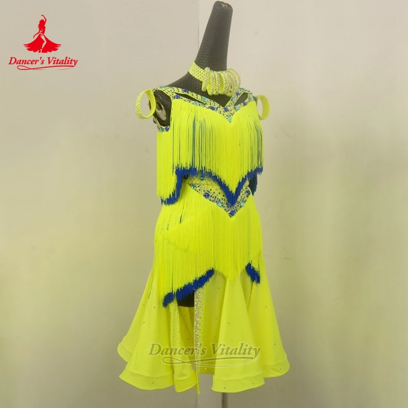 الكبار الفلورسنت الأصفر اللاتينية AB الأحجار عارية الذراعين شرابات فساتين فاخرة تخصيص حيوية الراقصة تشاتشا سامبا السالسا الملابس #2